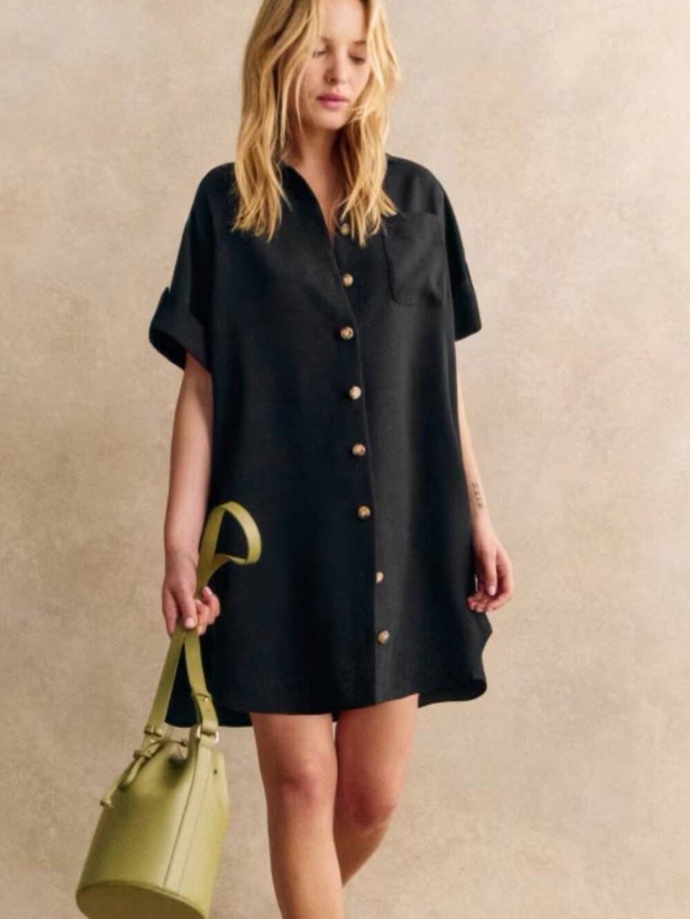 Sézane Ana Dress Black NWT Oversized Shirt Mini Dress Gold Buttons